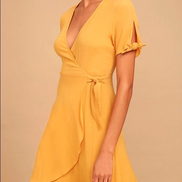 Lulu’s Flowy Golden Yellow Wrap Dress - Picture 4 of 6